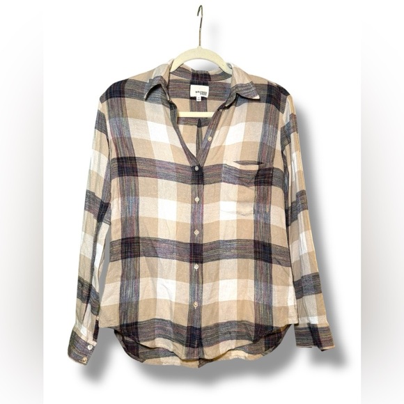 Aritzia Wilfred Free Flannel Shirt Boyfriend Button Up Plaid beige Brown XS - Picture 1 of 7